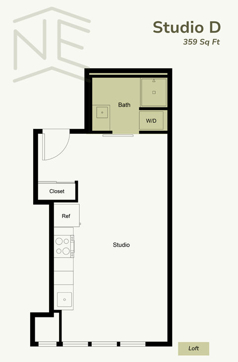 Floor plan for studio, 1 bath, 354 sqft